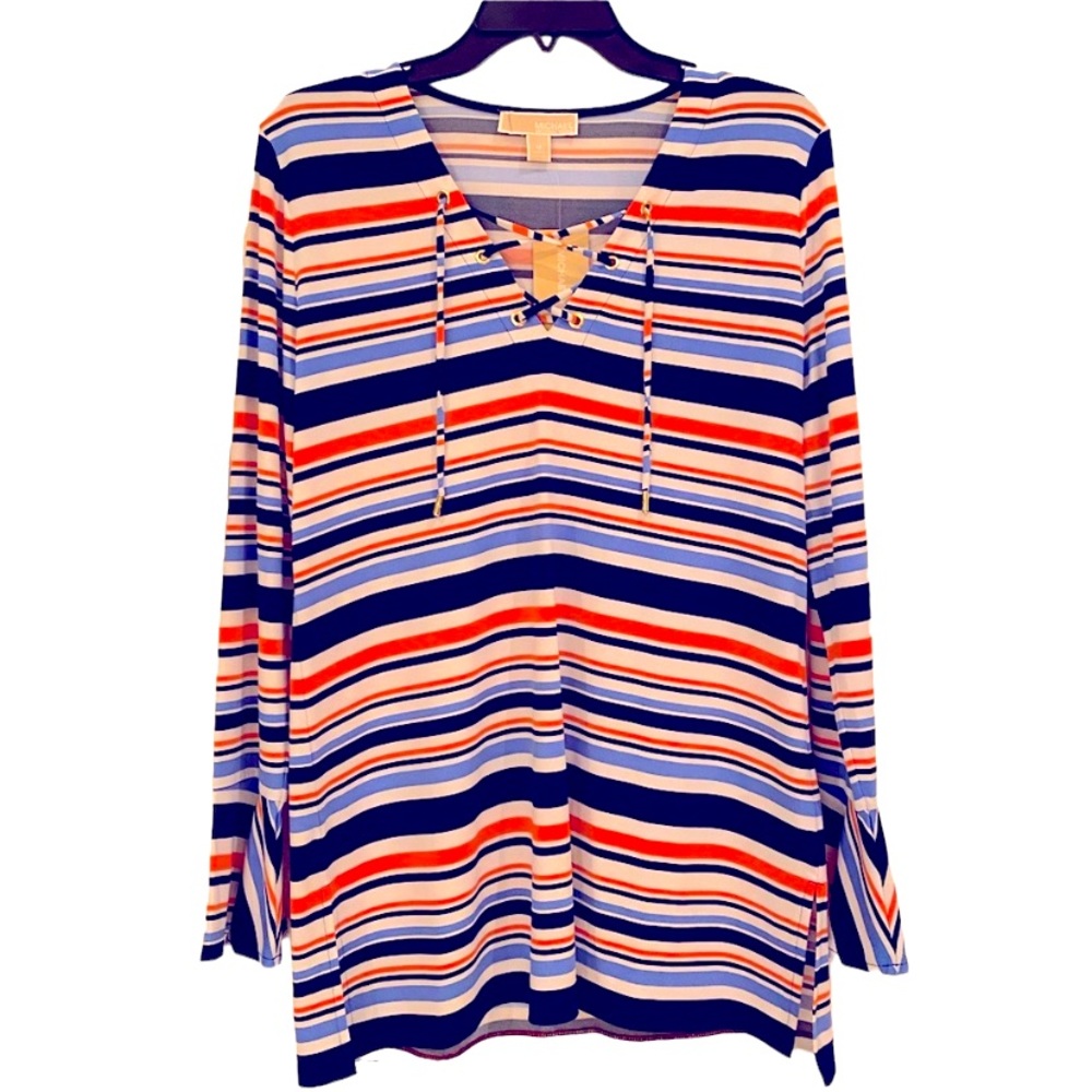 MICHAEL KORS LONG SLEEVE STRIPED TOP- Clementine and White Brand New with Tags